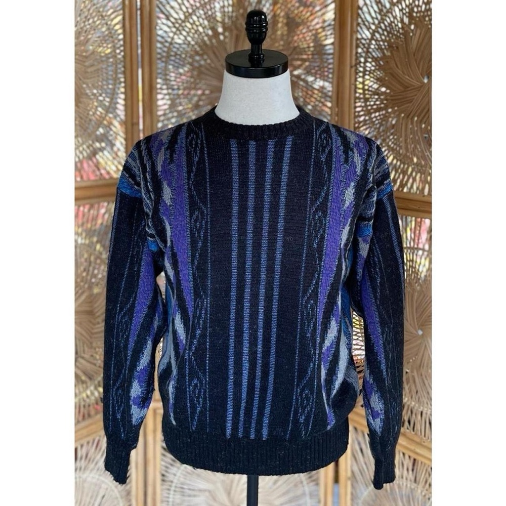 Vintage Michael Gerald Black Purple Blue Gray Knit Retro Funky 80s 90s Sweater - Picture 6 of 6